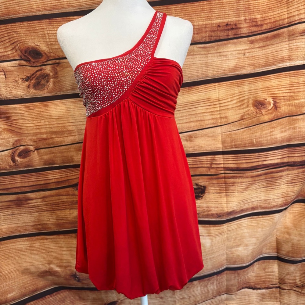 Crell Womens Aysymmetrical Rhinestone Glam Bubble Hem Red Holiday Top Size S